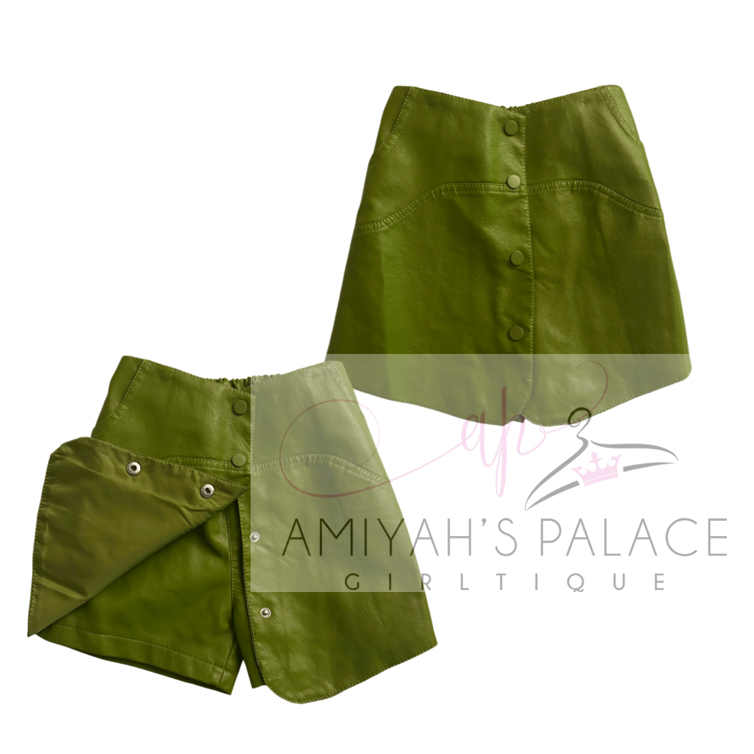 Green Faux Leather Skort